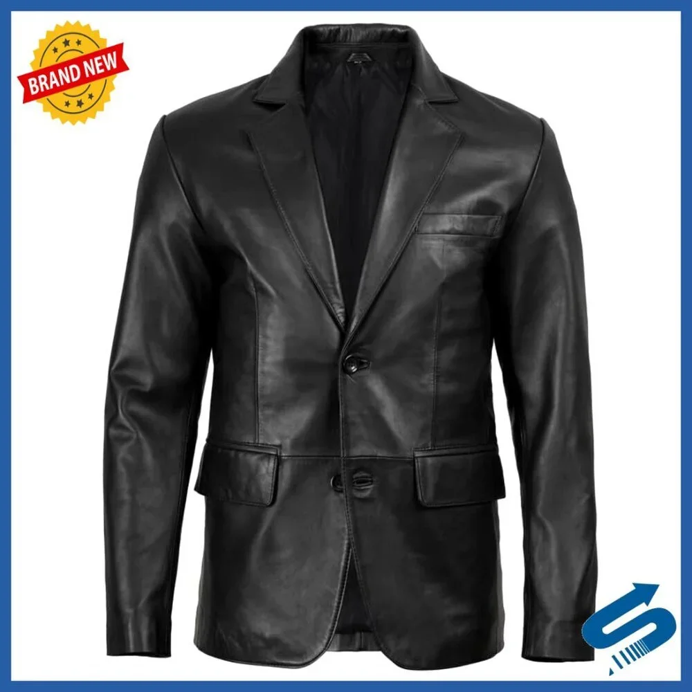 Men's Lambskin Leather Blazer, Two-Button Closure, Notch Lapel, Regular Fit